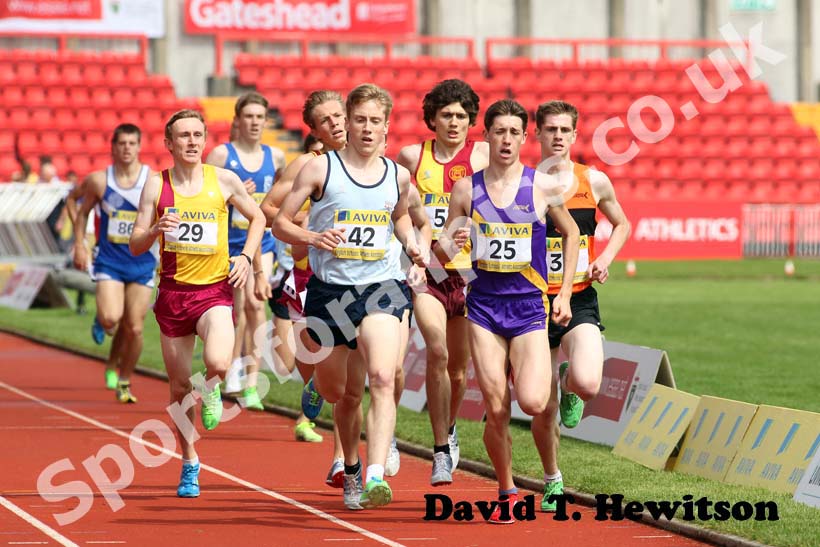 42 Kieran Reilly and 25 Cameron Boyek in the Senior 1500 metres, 2012 English Schools Championships, Gateshead.